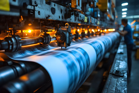Vibrant image showcasing a high-speed printing press in motion, advanced machinery and industrial efficiency. illuminated by warm lighting, the scene emphasizes the dynamic movement and precision in large-scale media production. Generative AIの素材