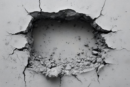 Cracked gray concrete wall featuring a centrally located, irregularly shaped hole. the rugged edges and scattered debris highlight concepts of construction, demolition, renovation projects, and structural damage. Generative AIの素材