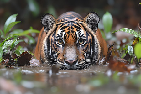 A powerful tiger intently gazes from a jungle stream, surrounded by lush foliage. the predator's striking orange coat contrasts with the greenery, capturing the essence of wild beauty and animal tenacity. ideal for nature-themed decor or wildlife conservation materials. Generative AIの素材