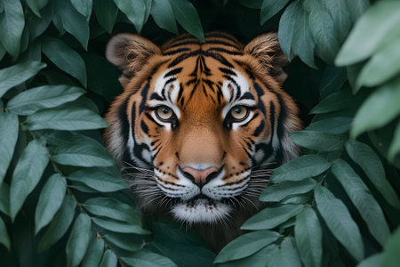 A striking portrait of a tiger peering through dense green foliage, its fierce gaze and vibrant striped fur. the scene conveys themes of wildlife beauty, conservation, and the animal's natural habitat. Generative AIの素材