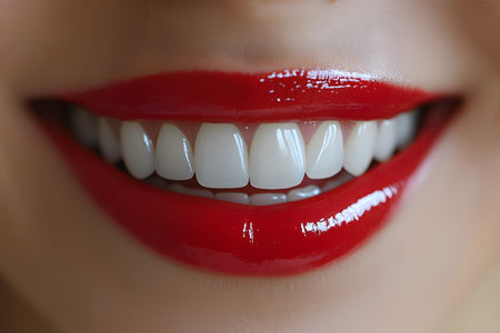 Close-up of a woman s bright red lips with perfectly aligned white teeth, emphasizing concepts of beauty, dental health, and cosmetic dentistry. suitable for beauty, dental, and healthcare-themed purposes. Generative AIの素材