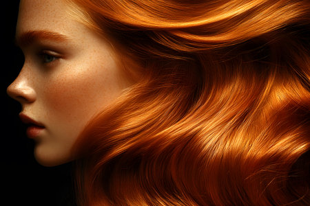 A striking side profile of a woman with flowing, vibrant red hair, showcasing texture and shine. the image emphasizes beauty and elegance, ideal for haircare products, fashion advertisements, or artistic compositions. Generative AIの素材