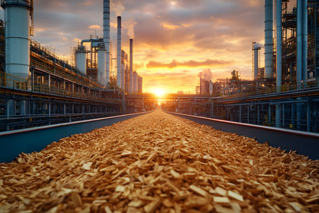 Sunset casts a warm glow over a large industrial facility processing wood chips, symbolizing renewable energy. smokestacks and complex infrastructure highlight sustainable energy production and industrial innovation. Generative AIの素材