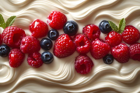 Juicy raspberries and blueberries sit atop a smooth, creamy swirl, accented by fresh mint leaves. ideal for culinary presentations, food blogs, or dessert-themed designs, emphasizing freshness and indulgence. Generative AIの素材