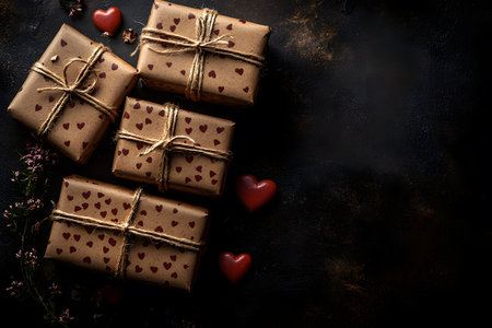 Rustic gift boxes wrapped in brown paper with heart patterns are tied with twine against a dark background. accents include red heart-shaped decorations and dried flowers, perfect for valentine's or romantic themes. Generative AIの素材