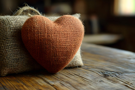 A rustic heart-shaped decoration made from burlap rests on a textured wooden table. the warm, earthy tones and handcrafted appearance evoke feelings of warmth and simplicity, perfect for romantic or country-inspired home decor and craft projects. Generative AIの素材
