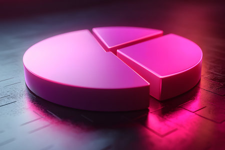 A 3d-rendered pink pie chart on a reflective surface symbolizes business analytics, data visualization, and financial insights. the vibrant light and shadows highlight modern technology and digital trends. Generative AIの素材
