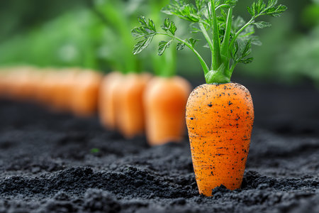 Vibrant orange carrots stand prominently in rich, dark soil, symbolizing the essence of organic farming and healthy food production. the greenery atop each carrot hints at freshness and sustainable agriculture practices. Generative AIの素材