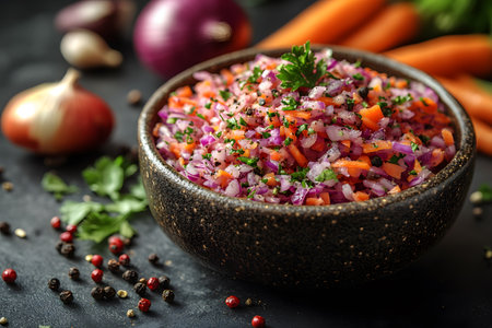 A vibrant bowl of fresh vegetable salsa featuring diced onions, carrots, and herbs. set on a dark surface with scattered peppercorns, garlic, and parsley, presenting a colorful and appetizing display for healthy cooking themes. Generative AIの素材