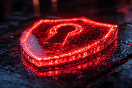 Glowing red shield with a keyhole symbol set against a dark, reflective surface, representing cybersecurity and protection in a futuristic digital environment. ideal for technology-focused content on data security. Generative AIの素材