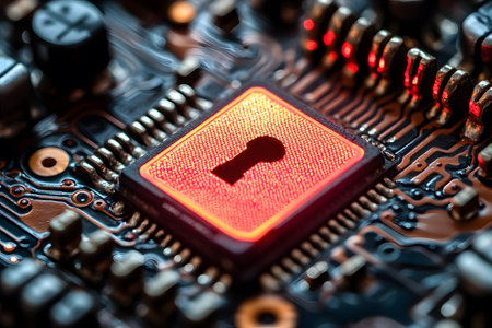 Close-up view of a microchip with an embedded glowing lock symbol, representing cybersecurity and data protection. the intricate circuit board details highlight technological innovation and safety measures. Generative AIの素材