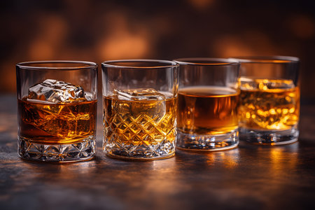 Four crystal glasses showcasing premium whiskey drinks with ice cubes, arranged on a textured surface. warm lighting enhances the rich amber hues, creating an inviting atmosphere perfect for whiskey tasting and appreciation. Generative AIの素材