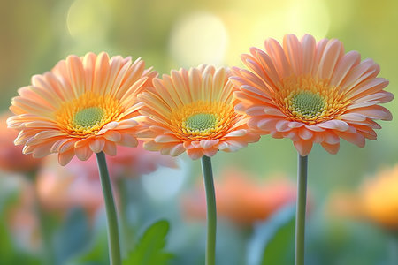 Three blooming gerbera daisies stand tall in a sunlit garden, showcasing their vibrant orange and peach petals. the blurred green background enhances the floral beauty and creates a serene, natural atmosphere. Generative AIの素材
