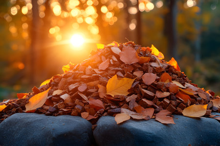 A pile of colorful autumn leaves rests on stones as the sun sets in the background, casting a warm glow through a forest. embodies the beauty of seasonal transition and the tranquility of nature. Generative AIの素材