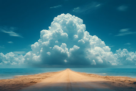 Towering cumulonimbus clouds dominate a vibrant blue sky above a tranquil sandy path leading into the horizon. the expansive cloud formation contrasts beautifully with the calm waters, creating an awe-inspiring natural scene perfect for creative uses. Generative AIの素材