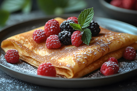 Mouthwatering crepes topped with fresh raspberries and blackberries, garnished with a sprig of mint. lightly dusted with powdered sugar, this dish presents a perfect blend of sweetness and freshness, ideal for a breakfast or brunch setting. Generative AIの素材