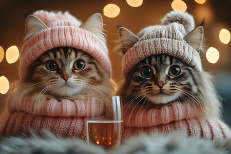 Two adorable cats in soft knitted hats and sweaters sit side by side with a warm drink, surrounded by sparkling lights. their expressive eyes and cozy attire create a charming scene perfect for holiday and winter-themed designs. Generative AIの素材