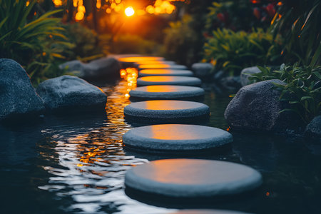 Stepping stones create a pathway across a tranquil garden stream, reflecting the warm glow of a vibrant sunset. surrounded by lush greenery and smooth stones, this peaceful scene evokes a sense of calm and meditation. Generative AIの素材