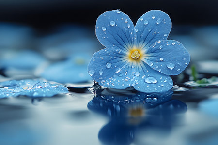 A delicate blue flower adorned with dewdrops rests on a reflective water surface. soft lighting and gentle ripples create a serene and calming atmosphere, ideal for nature and tranquility concepts in design and decoration. Generative AIの素材