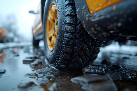 A close-up of a car tire navigating through wet, muddy ground with rocks and puddles. the reflective surface highlights the tire's tread, suggesting durability and traction, ideal for off-road or rugged terrain scenarios. Generative AIの素材
