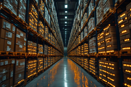 Industrial warehouse aisle showcasing organized shelves with evenly illuminated storage boxes. the symmetrical arrangement highlights the modern logistics and storage systems, emphasizing efficiency and order in a spacious environment. Generative AIの素材