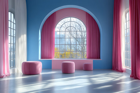 A brightly lit room showcases large arched windows with pink and blue pastel walls. soft pink curtains and matching ottomans create a harmonious modern interior perfect for design inspiration. Generative AIの素材