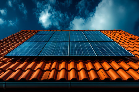 Solar panels are mounted on a vibrant red tiled roof under a clear blue sky, symbolizing renewable energy and sustainability. this dynamic composition is ideal for environmental and energy-related media projects. Generative AIの素材
