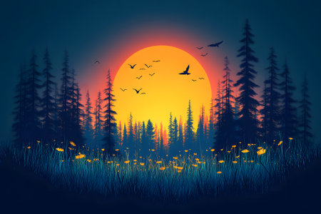 A mesmerizing scene depicting a vibrant sunset behind a forest, where tall trees stand silhouetted against the sky. birds soar through the twilight, while wildflowers bloom in the foreground, creating a magical atmosphere. Generative AIの素材