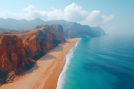 Majestic coastal cliffs overlooking a serene ocean under a clear sky. vibrant orange cliffs contrast with the deep blue sea, capturing the tranquility and natural beauty of this remote beach landscape. Generative AIの素材