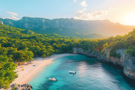 Idyllic mediterranean beach featuring stunning turquoise waters and lush green landscapes, nestled among rocky cliffs. a few boats are gently anchored near the shore as the sun sets, casting a warm glow over the scene. Generative AIの素材