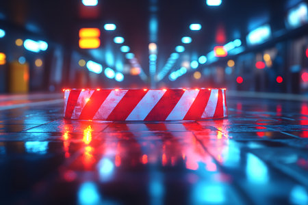Vibrant city scene illustrating urban nightlife. a reflective wet pavement is adorned with bright neon lights and a traffic barrier, creating a dynamic, colorful ambiance perfect for modern, energetic design concepts. Generative AIの素材