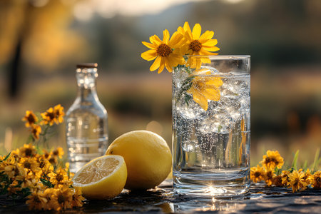 A sparkling beverage garnished with yellow flowers and fresh lemons sits on a sunlit table. surrounded by a small bottle and scattered flowers, this summer-themed composition evokes freshness and natural beauty. Generative AIの素材