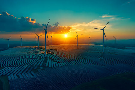 Wind turbines and solar panels stretch across a vast landscape during a vibrant sunset, symbolizing sustainable energy solutions. the serene sky and majestic mountains offer a picturesque view of modern renewable technology. Generative AIの素材