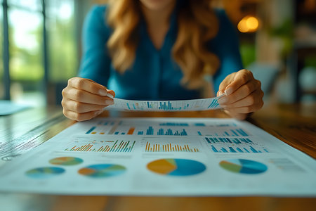 Woman examining detailed financial reports with charts and graphs, symbolizing business analysis and strategic planning. focus on data-driven decision-making in a professional office setting. Generative AIの素材