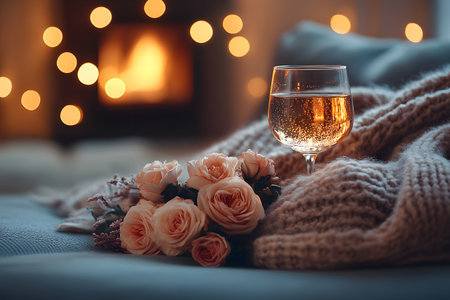 Warm, romantic scene featuring a glass of white wine, a bouquet of roses, and a knitted blanket on a cozy sofa. soft, ambient lighting from a fireplace creates a tranquil, intimate atmosphere ideal for autumn. Generative AIの素材