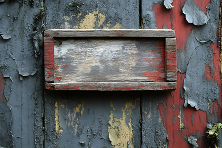 Rustic wooden signboard mounted on a weathered wall with peeling paint. the board and wall exhibit textures and colors of faded red, blue, and yellow, offering a vintage aesthetic ideal for design and decor themes. Generative AIの素材