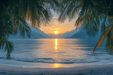 A tranquil sunset over a calm beach flanked by mountains and framed by palm leaves, creating a serene and picturesque scene ideal for themes of relaxation and tropical getaways. Generative AIの素材