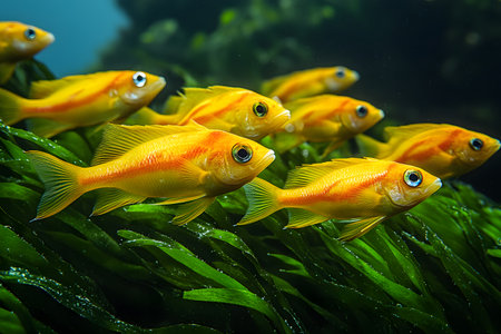 Bright yellow fish glide gracefully through a lush kelp forest, creating a vivid underwater scene. the contrast of the golden hues against the deep greens of the kelp highlights the dynamic beauty of marine life. Generative AIの素材