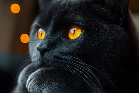A close-up of a black cat displaying its vivid amber eyes, set against a softly lit background with bokeh effect. the cat's contemplative expression and rich fur texture add depth to this captivating portrait. Generative AIの素材