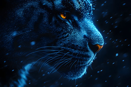 A striking digital illustration of a panther's side profile amid a winter night backdrop. the image highlights the panther's glowing eyes and detailed fur texture, emphasizing its majestic presence against a snow-dusted dark blue scene. Generative AIの素材