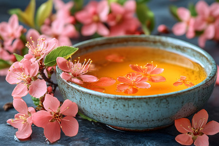 A rustic blue ceramic bowl filled with herbal tea, beautifully adorned with floating cherry blossoms, resting on a textured surface. surrounding fresh cherry blossoms enhance the serene and natural aesthetic, ideal for calming visuals. Generative AIの素材
