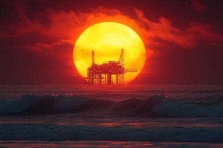 A striking scene of an offshore oil rig silhouetted by a vibrant, fiery sunset. the sun dominates the horizon, casting its warm glow over the ocean waves, creating a dramatic and picturesque maritime setting. Generative AIの素材