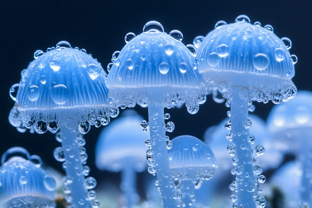 Translucent blue mushrooms adorned with glistening water droplets on their caps and stems, exuding a serene and mystical quality perfect for nature and botanical-themed designs and creative projects. Generative AIの素材