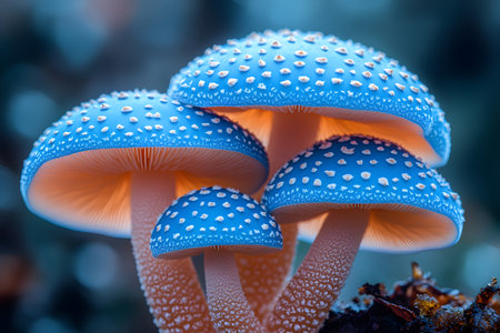 Vibrant blue mushrooms with intricate textures and delicate gills illuminated from beneath, creating a captivating contrast against a soft defocused background. ideal for nature-themed art and design projects. Generative AIの素材