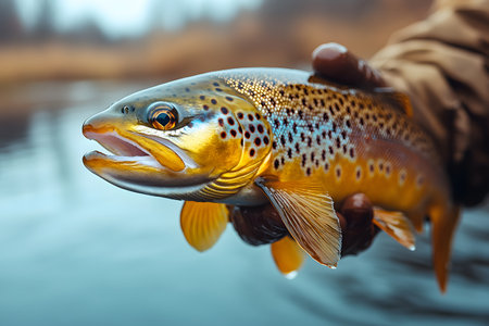 A vibrant brown trout held by a gloved hand, showcasing its striking colors and patterns. the blurred, serene background of a calm waterway adds to the tranquility and allure of fishing in natural settings. Generative AIの素材