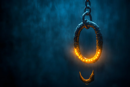 A mystical chain featuring a glowing symbol hangs against a dark, rain-soaked background. the ethereal ambiance evokes themes of magic and mystery, perfect for fantasy and adventure storytelling. Generative AIの素材