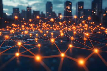Abstract representation of a digital network with illuminated connections overlaying a city skyline at dusk. the imagery symbolizes modern technology, connectivity, and the digital landscape in an urban environment. Generative AIの素材