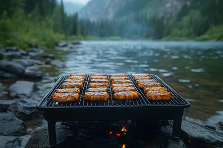Grilled burgers sizzle on a portable grill set beside a serene lake, surrounded by lush greenery and distant mountains. perfect for outdoor cooking, nature adventures, and enjoying tranquil landscapes. Generative AIの素材