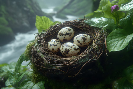 Bird nest nestled within verdant forest foliage, featuring four speckled eggs. a serene river winds through the misty background, emphasizing themes of nature, tranquility, and wildlife preservation. Generative AIの素材