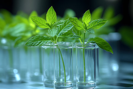 Vibrant green plant cuttings in glass test tubes, modern biotechnology. the close-up perspective emphasizes sustainable development and scientific research in a controlled laboratory environment. Generative AIの素材